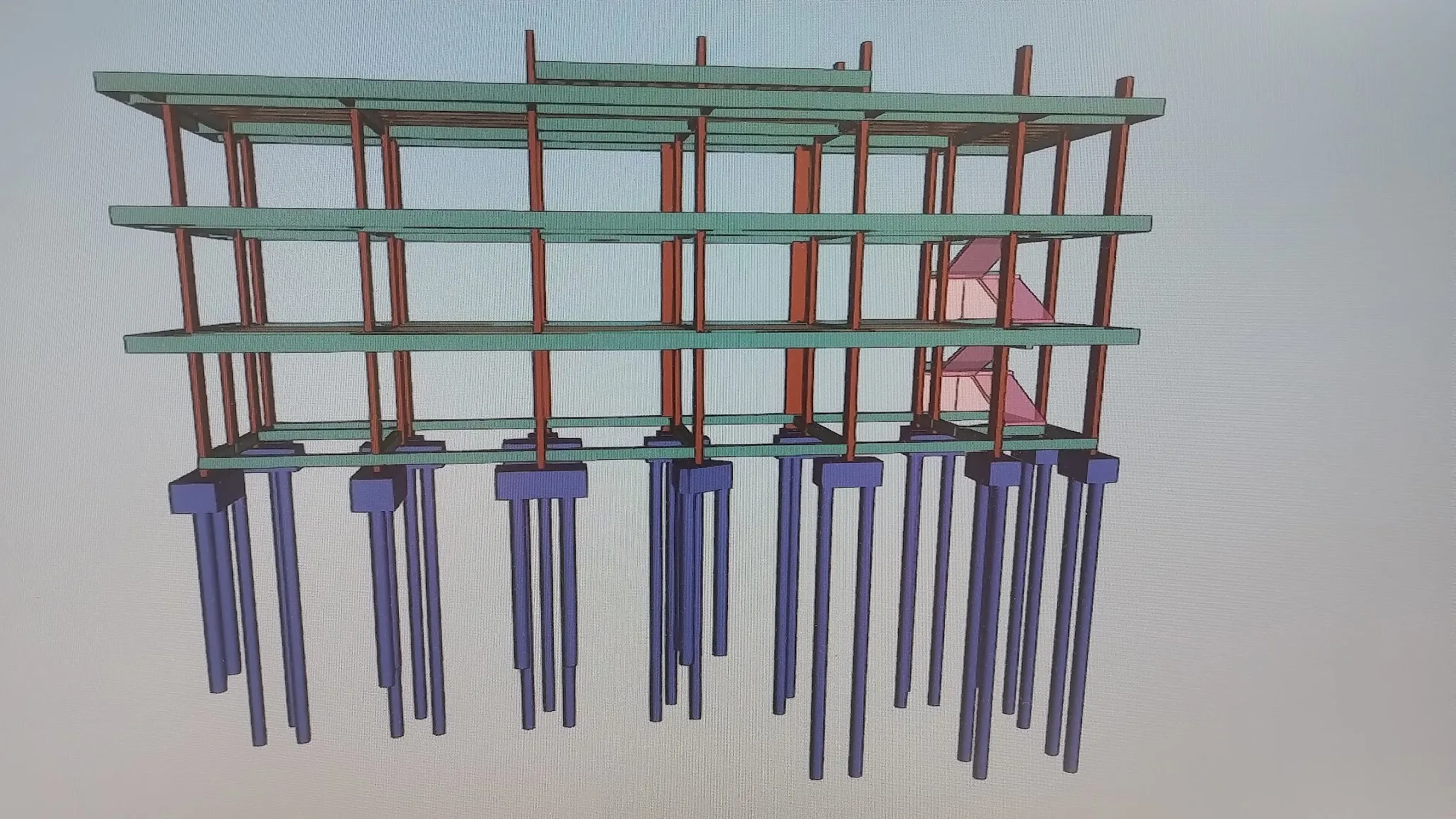 Modelo estrutural em 3D de uma residência com pilares, vigas e fundação